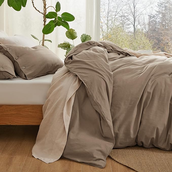 Bedsure Linen Duvet Cover Queen - Linen Cotton Blend Bedding Set, Soft & Cozy, 3 Pieces, 1 Duvet Cover 90x90 Inches and 2 Pillowcases, Brown Color Cooling Bedding, Comforter Sold Separately