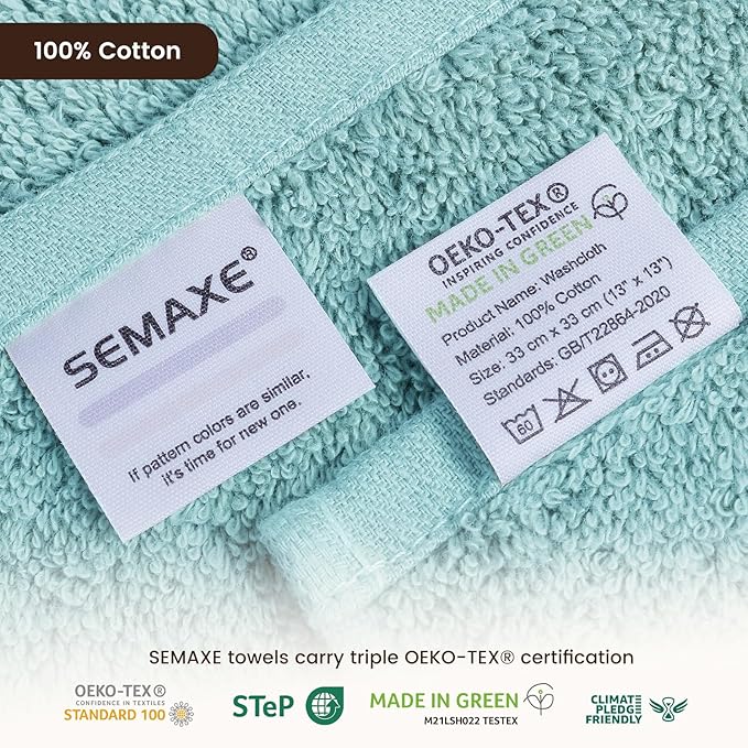 SEMAXE 100% Cotton Washcloths for Bathroom - 24 Pack, Quick-Dry Face Towels with Hanging Loop, Highly Absorbent and Soft, 13x13 Inch, Blue