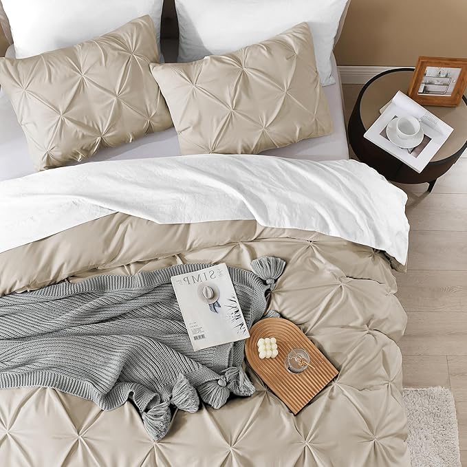 Litanika Oatmeal Oversized King Pinch Pleat Duvet Cover, 3 Pieces Pintuck Cover Soft Microfiber Bedding Set with Zipper Closure & Corner Ties(1 Duvet Cover, 2 Pillowcases)