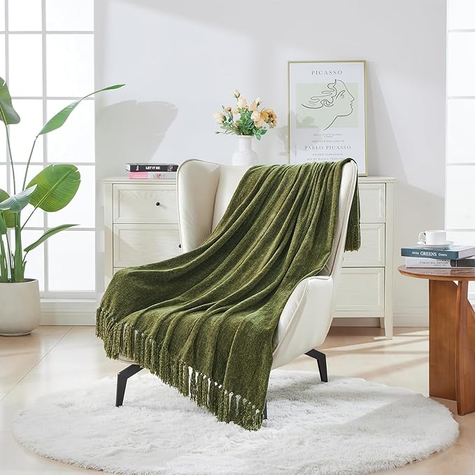 CozeCube Chenille Throw Blanket for Couch, Cozy Plush Fuzzy Decorative Olive Green Blanket with Fringe Tassels, Lightweight Throws for Bed Sofa Gift Home Decor, 50"X60"