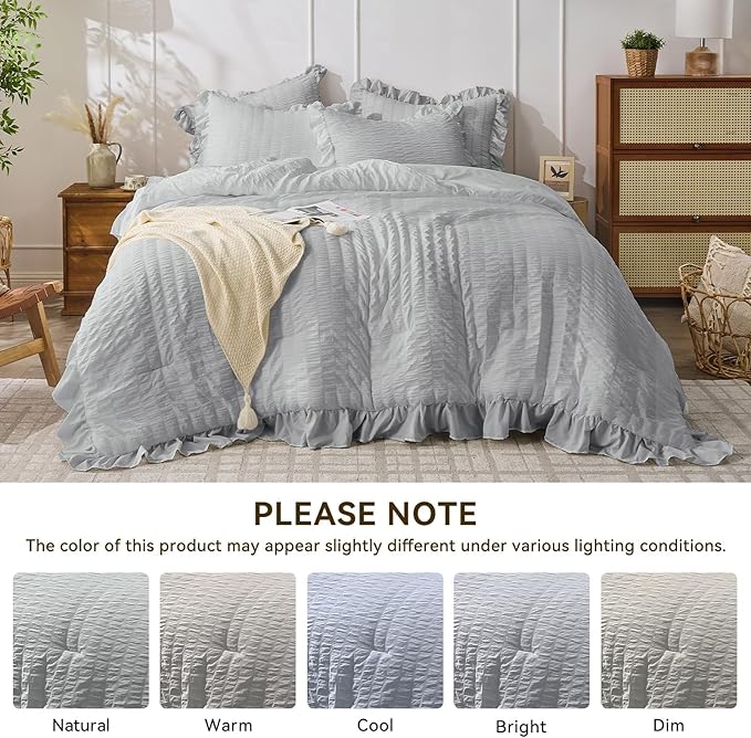 JOLLYVOGUE Light Grey King Comforter Set, 3 Pieces Seersucker Comforters King Size, Lightweight & Fluffy Bedding Sets King for All Season with 1 Ruffle Comforter and 2 Ruffle Pillowshams