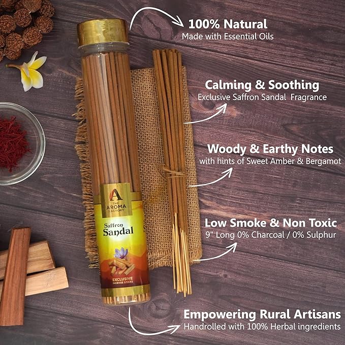 The Aroma Factory Kesar Chandan Agarbatti for Pooja, Luxury Incense Sticks, Low Smoke and Zero Charcoal, Meditation (Bottle Pack of 1, 100 Gram) 4 Cm X 4 Cm X 26 Cm Multicolour