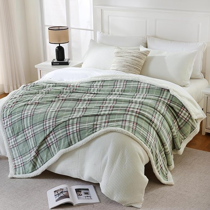 PU MEI Sherpa Blanket Twin Plaid Thick Bed Blanket, 60”*80” Super Soft Flannel Fuzzy Fleece Reversible Velvet Plush Warm Blanket for Couch (Green Pink Check)