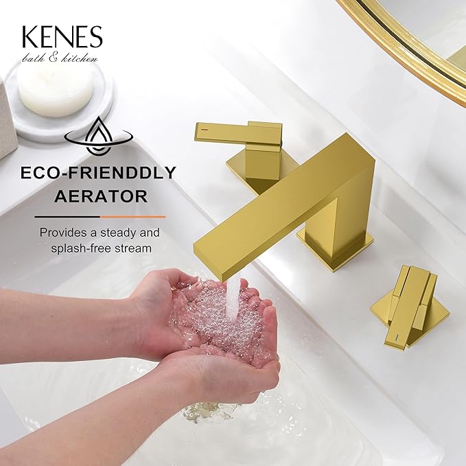 KENES Brushed Gold Widespread Bathroom Faucet 3 Hole Bathroom Sink Faucet Gold Two Handle, 8-Inch 3 Pieces Bathroom Vanity Faucet with Pop Up Drain & Supply Lines, KE-9050-4-P
