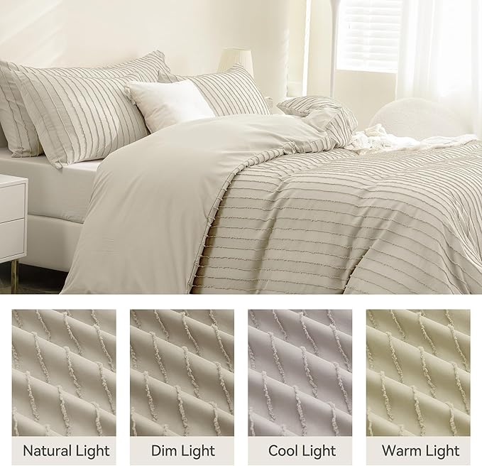 JELLYMONI Duvet Cover Full Size Light Khaki - 3PCS Boho Striped Duvet Cover Set Polyester Tufted Bohemian Textured Comforter Cover with Corner Ties & Zipper Closure
