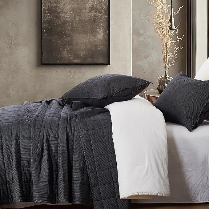 Midnight Pinstripe Quilts Queen Size, Cotton Queen Quilt Set Stone Washed with Black Stripe Bedding Coverlet Light Weight 3-Pieces with 2 Pillow Shams