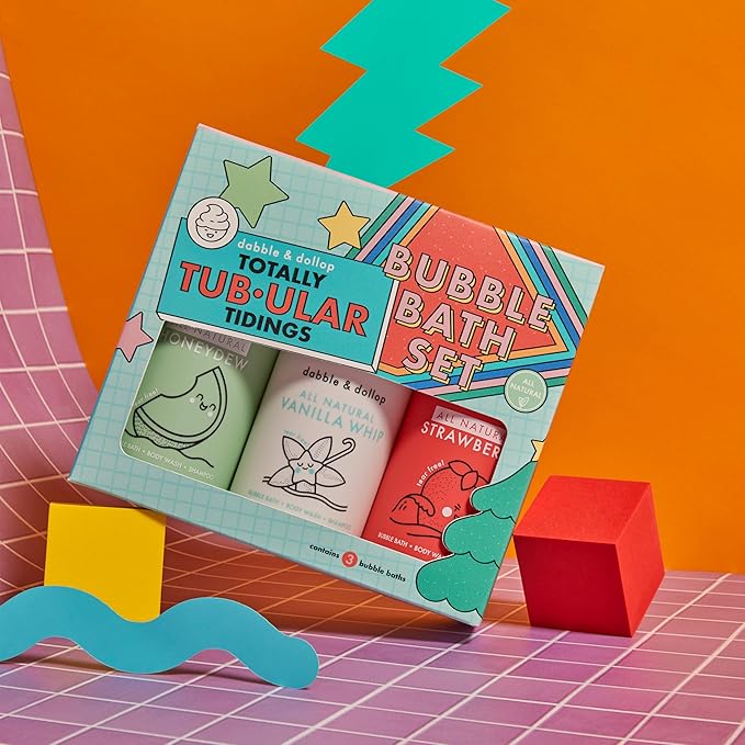 Dabble & Dollop Totally Tub-ular Tidings Bubble Bath Set - Holiday Gift Bundle with Three Mixable 3-in-1s - Bubble Bath Body Wash and Shampoo - Strawberry, Honeydew & Vanilla