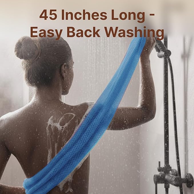 Nubiana African Net Sponge Authentic - 45 Inch Exfoliating Body Sponge from Nigeria - Natural Bath Sponge for Smooth Soft Skin - Long Lasting Quick-Drying - Single Pack (Sky Blue)