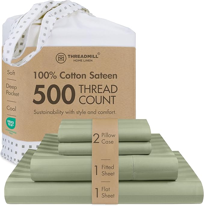 Threadmill 500 Thread Count Full-Size Damask Stripe, 4 Pc Luxury Cotton Bedding Set, Breathable Sage Green Sheets with 16" Elasticized Deep Pocket, 2 Pillowcases & Free Tote Bag