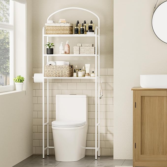 3-Tier Over The Toilet Storage, Bathroom Organizer, Space-Saving, Above Toilet Storage Rack with 4 Hooks and Paper Holder, Metal Shelf, White
