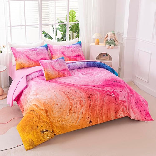 6Pcs Pink King Comforter Set for Girls Kids, Tie Dye Colorful Watercolor Marble Bedding Set King(1 Comforter, 1 Flat Sheet, 1 Fitted Sheet, 1 Cushion Cover, 2 Pillowcases)