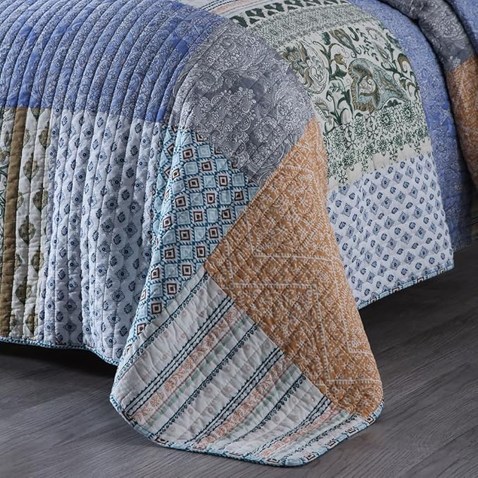 Autumn Dream Cotton Bedspread Quilt Sets Reversible Bedding Coverlet Sets Comforter, Bohemian Paisley Patchwork Blue Bedspread, King Size