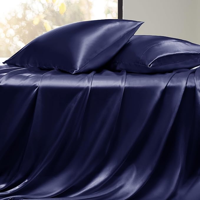 Bedsure Satin Sheets Full Size - 4 Piece Silky Bedsheets with 15 Inches Deep Pocket Fitted Bedsheet,1 Flat Sheet, 2 Satin Pillowcases, Good for Hair & Skin (Full, Navy)