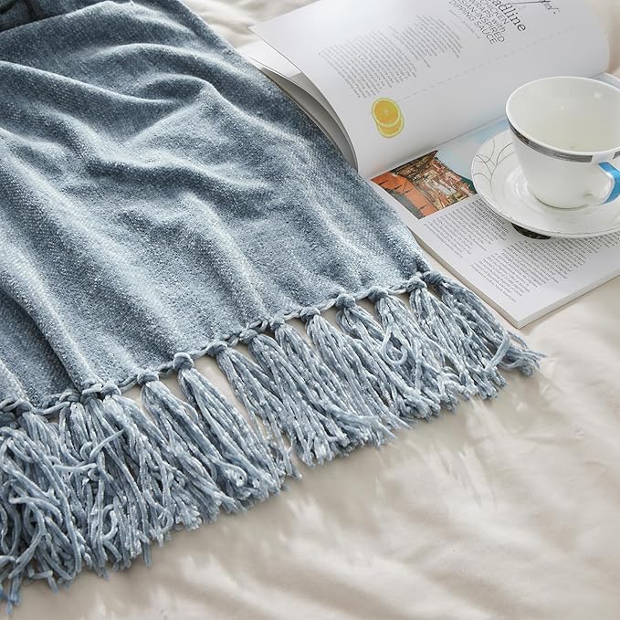 CozeCube Chenille Throw Blanket for Couch, Cozy Plush Fuzzy Decorative Dusty Blue Blanket with Fringe Tassels, Lightweight Throws for Bed Sofa Gift Home Decor, 60"X80"