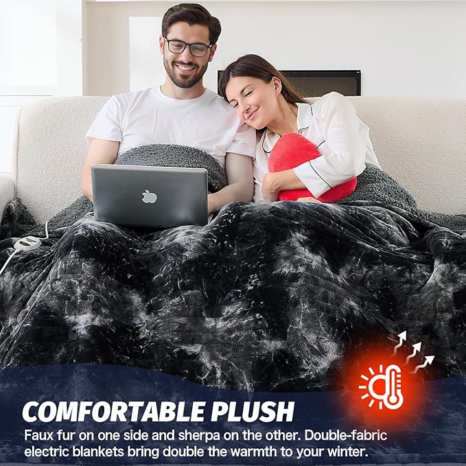 greenoak Heated Electric Blanket Queen, Faux Fur Sherpa Heating Blanket for Sofa Bed, Warm Winter Gifts for Women/Men, Heater Lap Blankets 5-Position Timer &10 Heating Levels 84''*90" Black