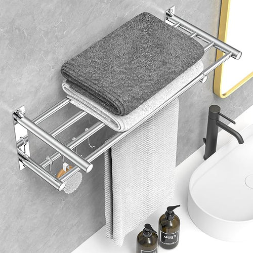 Adjustable Towel Bar for Bathroom Wall Mount17-30.7inch Adhesive Shower Towel Rack Stainless Steel Bath Towel Holders for Toilet Kitchen Double Towel Hanger (Mobile Hook Towel Rack)