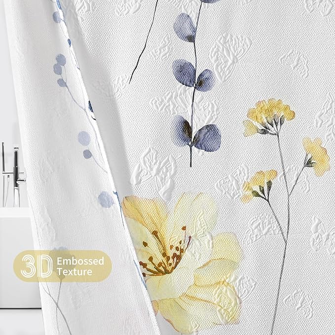 QiyI Extra Long Shower Curtain 72 x 84, Modern Watercolor Floral Shower Curtain, 3D Embossed Blue Yellow Flower Cloth Bathroom Curtain, Waterproof Fabric Farmhouse Bath Curtain Set with Hooks