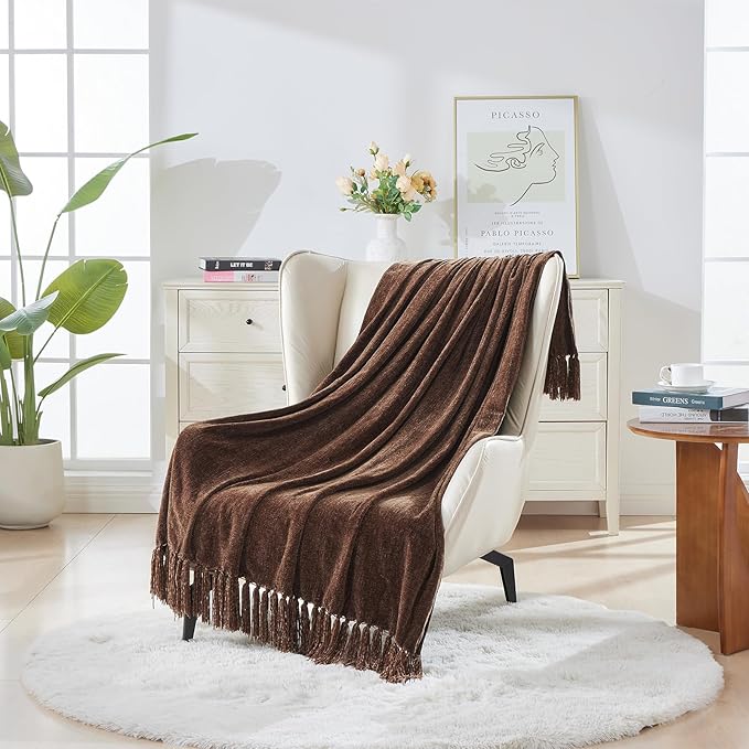 CozeCube Chenille Throw Blanket for Couch, Cozy Plush Fuzzy Decorative Dark Brown Blanket with Fringe Tassels, Lightweight Throws for Bed Sofa Gift Home Decor, 60"X80"