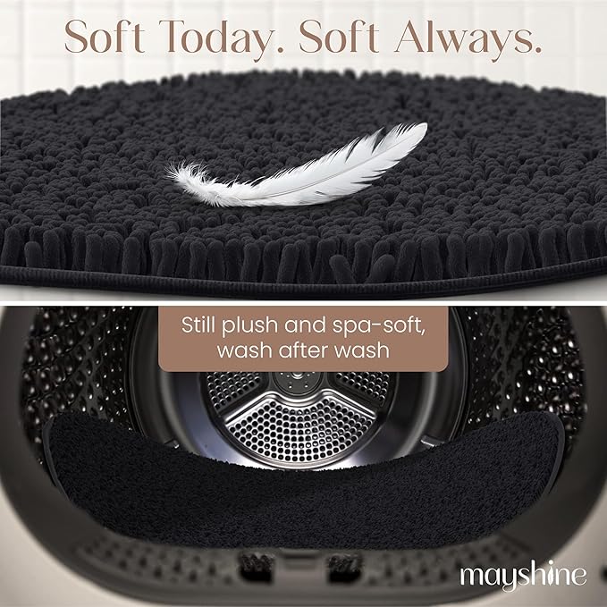 MAYSHINE Round Area Rug Set for Bathroom | Soft Plush Chenille Bath Mat, Water Absorbent Non-Slip Bathroom Rug | Washable Shag Carpet for Shower, Bedroom, or Home Décor | 36"x36" (Round) | Black