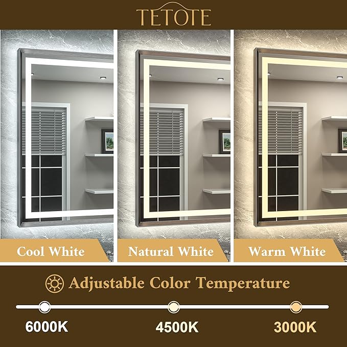 TETOTE 30 x 36 Bathroom LED Mirror Brushed Gunmetal Gray Frame Frontlit & Backlit Vanity Mirror Anti-Fog Stepless Dimmable 3 Colors White/Warm/Natural Wall-Mounted
