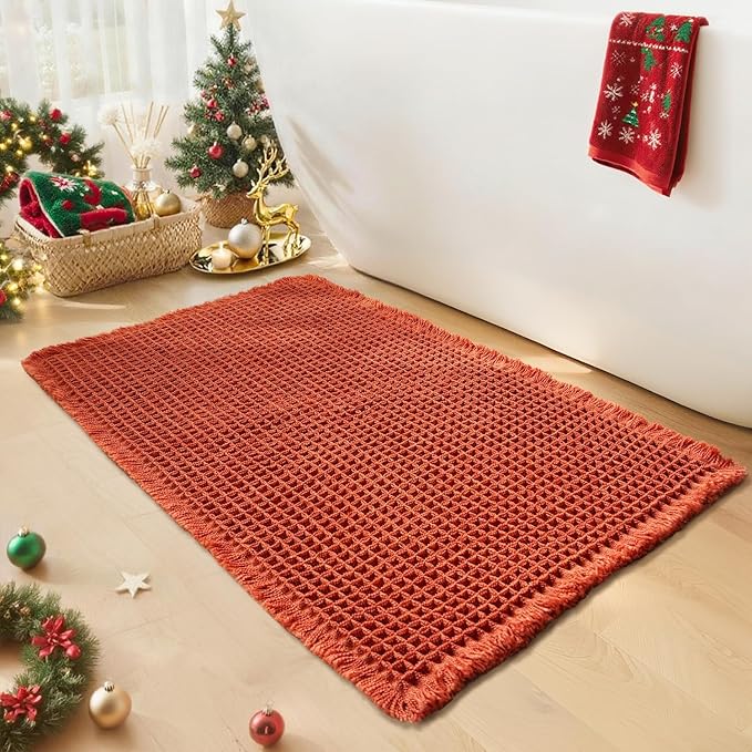 Waffle Bath Mat - Boho Bathroom Rugs Non Slip Washable, Super Absorbent & Quick Dry, Small Bath Mats Farmhouse Bathroom Decor, 18'' x 30'', Dirty Orange