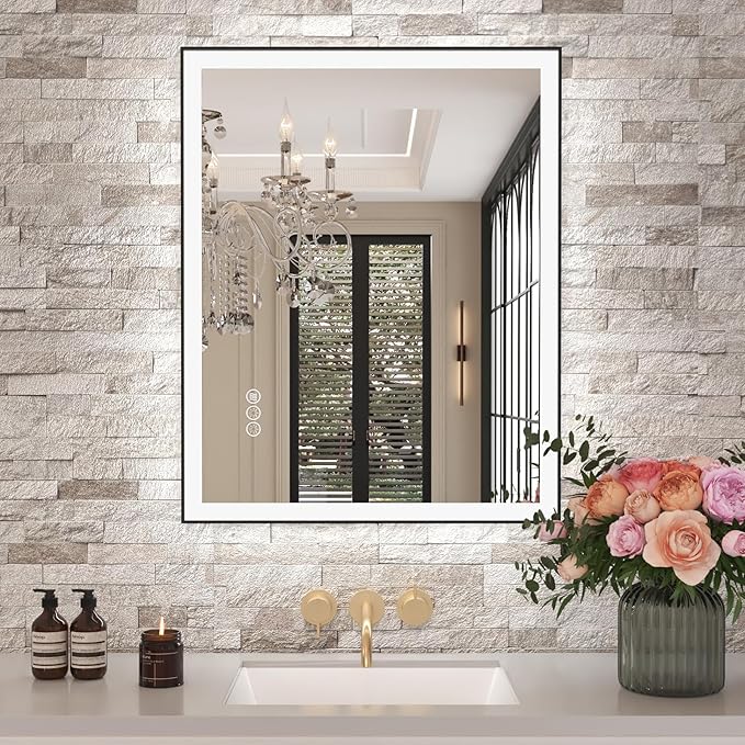Amorho 28"x 36" LED Bathroom Mirror with Black Frame, Front Light and Backlit(Controlled Separately), Stepless Dimmable, Anti-Fog, Shatter-Proof, 3 Colors, Memory