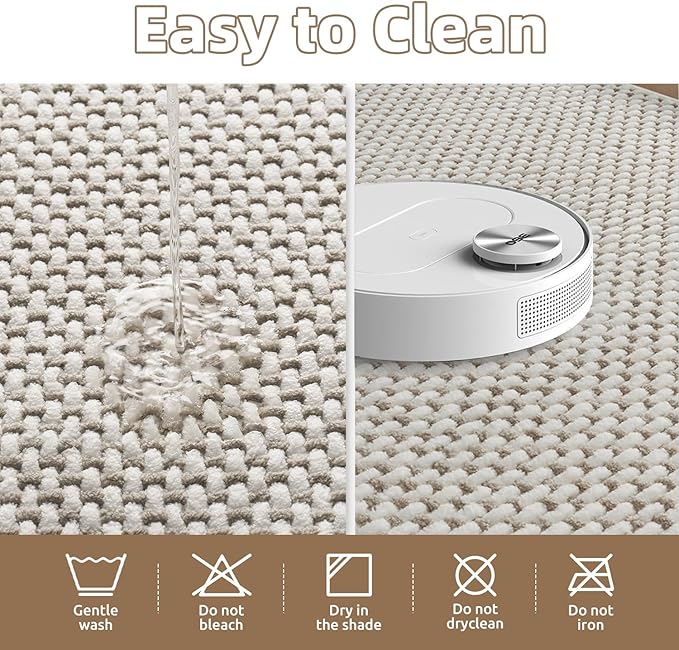 PADOOR-Bath Mat Runner-Super Absorbent Chenille Bathroom Mats-Rubber Backed Bath Mats for Bathroom Non Slip, Easy Clean Bathroom Runner Rugs Front of Bathtub,Shower Room,Sink-24×48, Beige&Cream