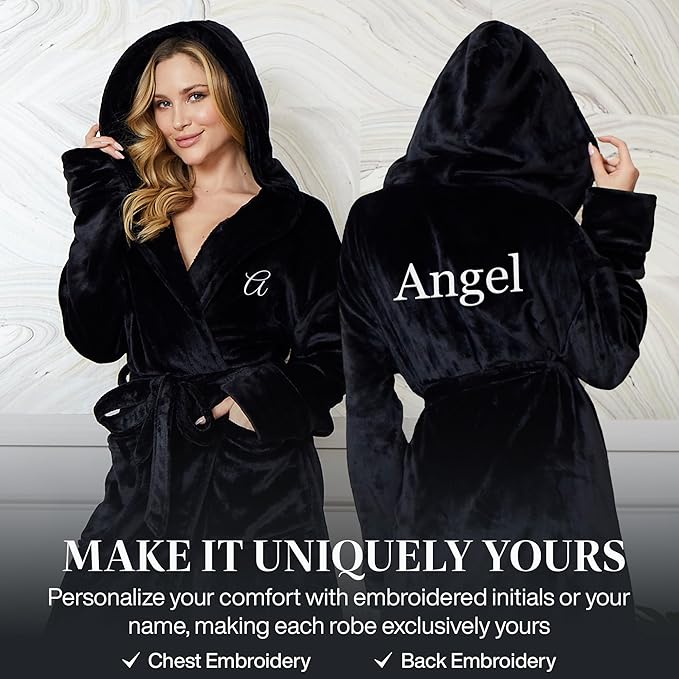 Lotus Linen Plush Robes for Women - Soft Bathrobe, Custom Monogram, Warm Fleece Robe with Pockets