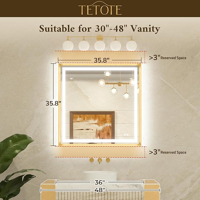 TETOTE Led Bathroom Mirror 36 x 36 with Brushed Gold Frame Anti-Fog Frontlit & Backlit Vanity Mirror Stepless Dimmable Lighted Mirrors for Bathroom Wall 3 Colors White/Warm/Natural Wall-Mounted