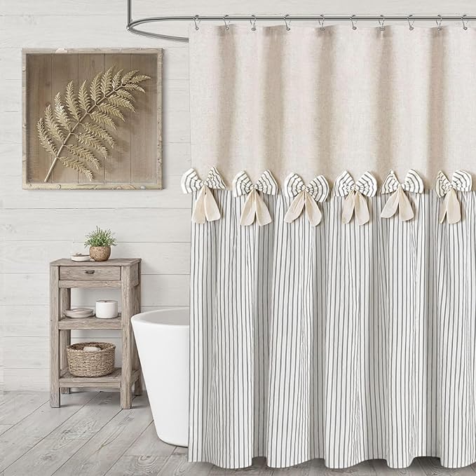 Farmhouse Shower Curtain Linen Bow Woven Fabric Country Rustic Western, Pleated Grey Stripe 72" W x 78" L
