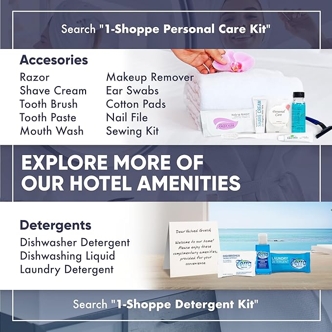 Terra Pure White Tea & Coconut Toiletries Set | 1-Shoppe Amenities Kit | 1oz Shampoo & Conditioner, Body Wash, Lotion, 1.25oz Bar Soap | Travel Size | 300 Pieces