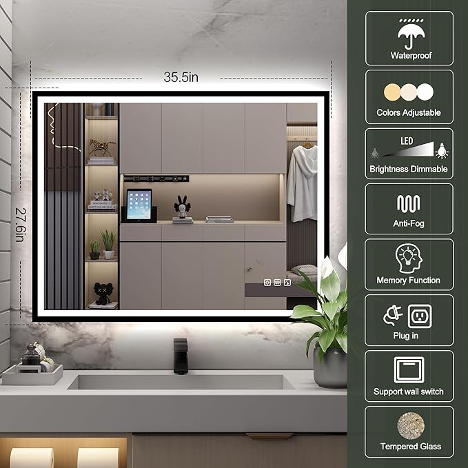 S·BAGNO 36''x28'' LED Bathroom Mirror with Lights, Bathroom Vanity Wall Mirror with Buletooth, Anti-Fog, Stepless Dimmable, 3 Colors, Tempered Glass Lighted Vanity Mirror for Bathroom