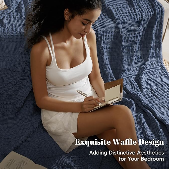 PHF 100% Cotton Waffle Weave Blanket Twin Size for Bed, Soft Lightweight & Breathable, All-Season Comfort, Luxury Aesthetic Woven Bedding for Home Decor, 66"x90", Indigo