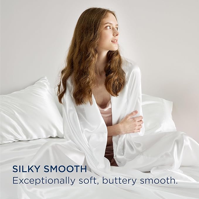 Bedsure White Satin Sheets Full Size - 4 Piece Silky Bedsheets with 15 Inches Deep Pocket Fitted Bedsheet,1 Flat Sheet, 2 Satin Pillowcases, Good for Hair & Skin (Full, White)