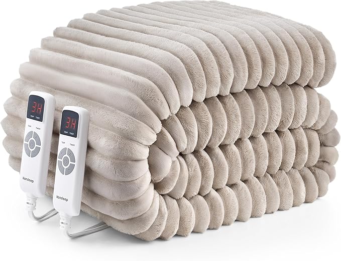 Hansleep Heated Blanket King Size Electric Throw Dual Control, Heating Blanket with 9 Heating Levels and 10-Hour Timer Auto Shut Off, Washable Soft Warm Winter Blanket, 90 x 100 Inches, Linen