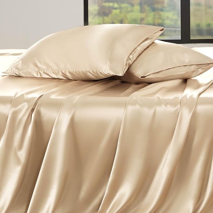 Bedsure Satin Sheets King Size - 4 Piece Silky Bedsheets with 15 Inches Deep Pocket Fitted Bedsheet,1 Flat Sheet, 2 Satin Pillowcases, Good for Hair & Skin (King, Champagne)