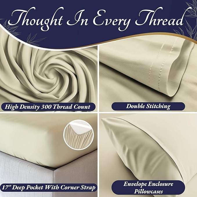 DECOLURE 100% Viscose Derived from Bamboo Sheets Queen Size 4pcs - Ultra Soft & Luxuriously Cooling, 17" Deep Pocket, Double Stitching, Perfect for Hot Sleepers - Queen Bed Sheets (Creme)