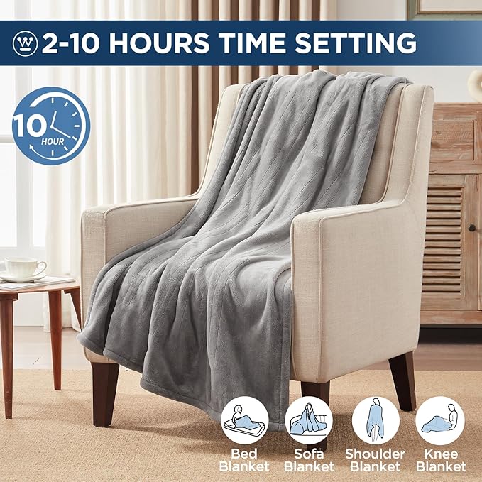 Westinghouse Electric Blanket Heated Throw, Super Cozy Soft Flannel 50"" x 60"" Heated Throw with 6 Fast Heating Levels & 2-10 Auto-Off, Machine Washable, ETL&FCC Certification, Light Grey