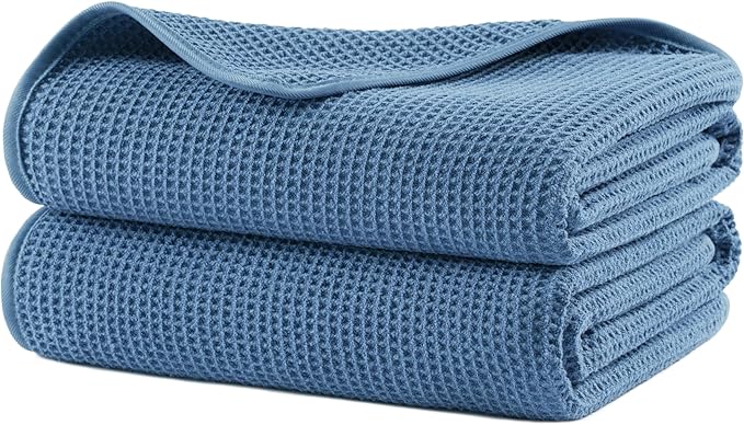 POLYTE Microfiber Oversize Quick Dry Lint Free Waffle Bath Towel for Body, 60 x 30 in, Set of 2