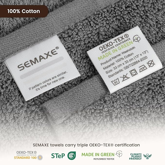 SEMAXE 100% Cotton Washcloths for Bathroom - 24 Pack, Quick-Dry Face Towels with Hanging Loop, Highly Absorbent and Soft, 13x13 Inch, Yellow & Grey