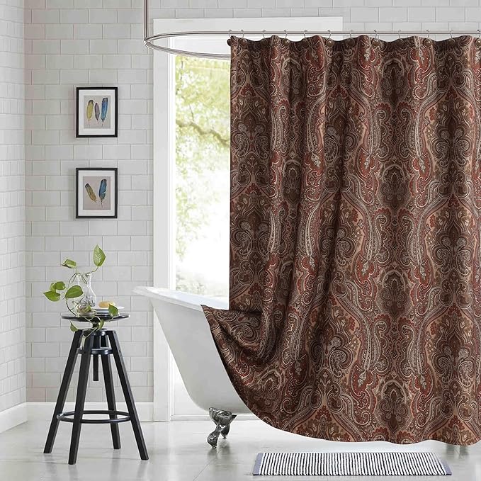 Fabric Shower Curtain 78 Inches Long, Reddish Brown Damask Paisley Print Shower Curtains for Bathroom, 72" W x 78" H