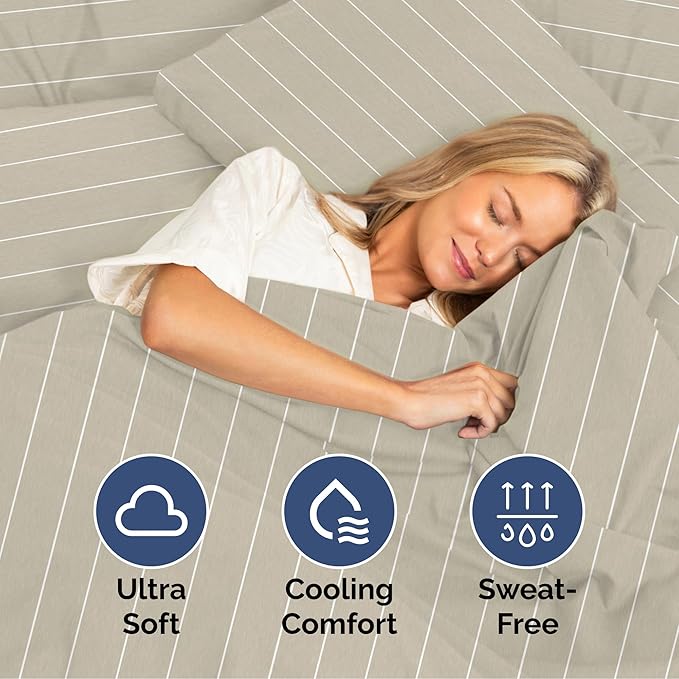Cal King Size 4 Piece Sheet Set - Extra Soft, Breathable & Cooling Sheets - Hotel Luxury Bed Sheets for Women & Men - Deep Pockets, Easy-Fit & Wrinkle-Free Sheets - Beige Stripes Oeko-Tex Bed Sheets
