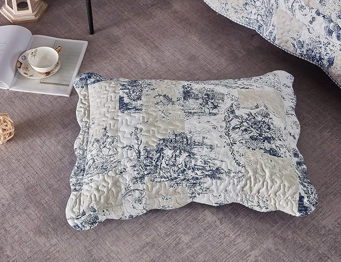 Brilliant Sunshine Blue Toile in Beige and Ivory Patches, 2-Piece Quilt Set with 1 Sham, Reversible Bedspread, Soft Lightweight Coverlet, All-Season, Twin, Blue