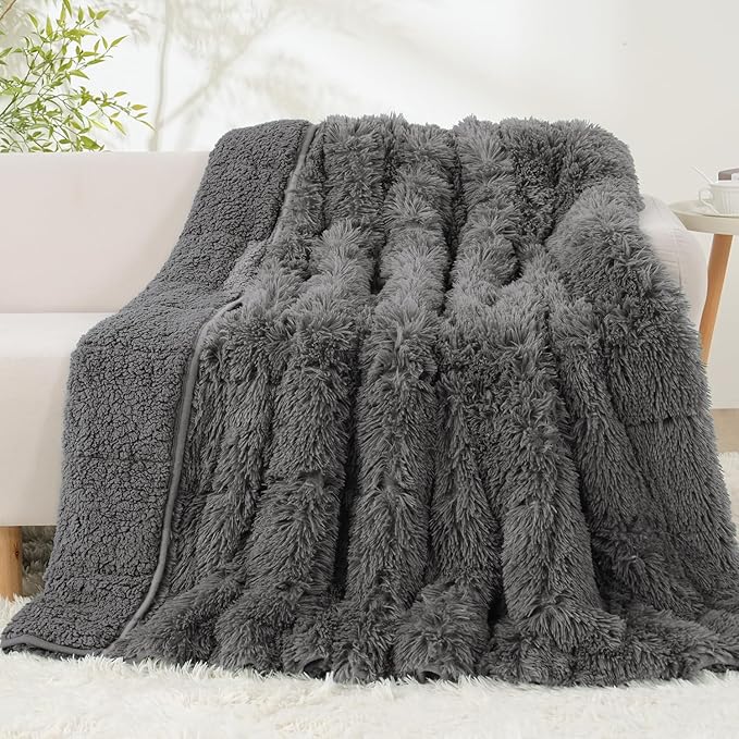 Uttermara Weighted Blanket Queen Size 15 Pounds for Adults, Sherpa Faux Fur Heavy Blanket for Couch Bed, Super Soft Plush Fleece & Cozy Sherpa Reverse, Luxury Long Fur Throw Blankets, 60" x 80", Gray