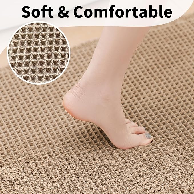 Waffle Bath Mat - Boho Bathroom Rugs Non Slip Washable, Super Absorbent & Quick Dry, Soft Bath Mat Farmhouse Bathroom Decor, 20'' x 32'', Khaki