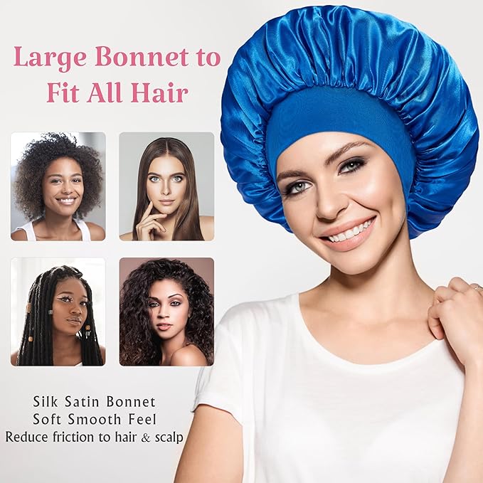 2pcs Satin Bonnets for Women, Silk Hair Bonnet for Sleeping, Wide Soft Band Large Silky Sleep Cap for Curly Hair Braids