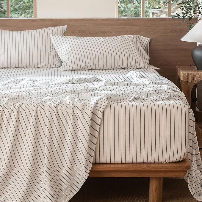 MooMee Striped Sheet Set 100% Washed Cotton Linen Like Textured Breathable Durable Soft Comfy (White Dark Grey Wide Stripes, California King)