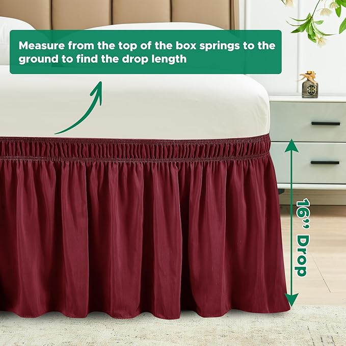 Biscaynebay Wrap Around Bed Skirts for Full & Full XL Beds 16" Drop, Burgundy Adjustable Elastic Dust Ruffles Easy Fit Wrinkle & Fade Resistant Silky Luxurious Fabric Solid Machine Washable