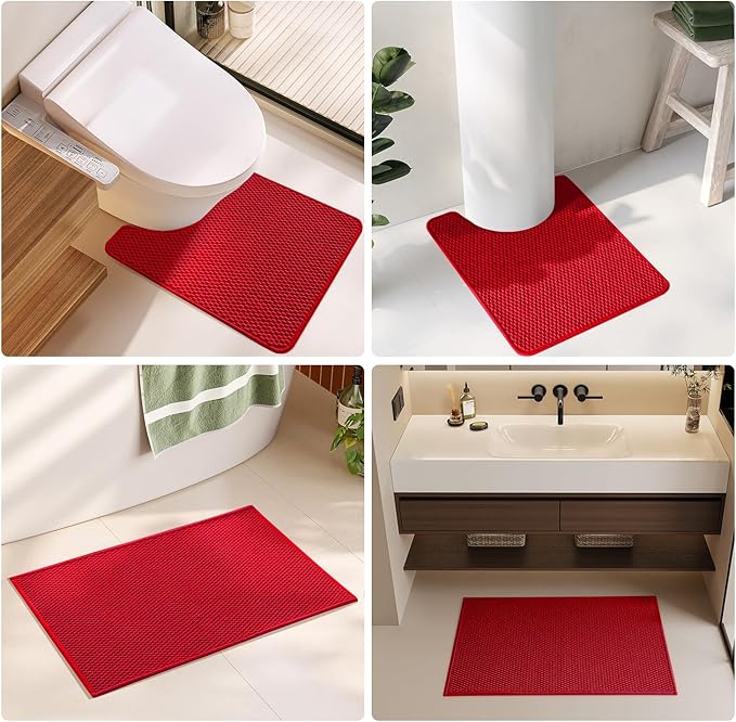 Christmas Bathroom Rugs Non Slip Washable, Super Absorbent Thin Bath Mat Quick Dry Low Pile Bathroom Rug, Red 20"x48"