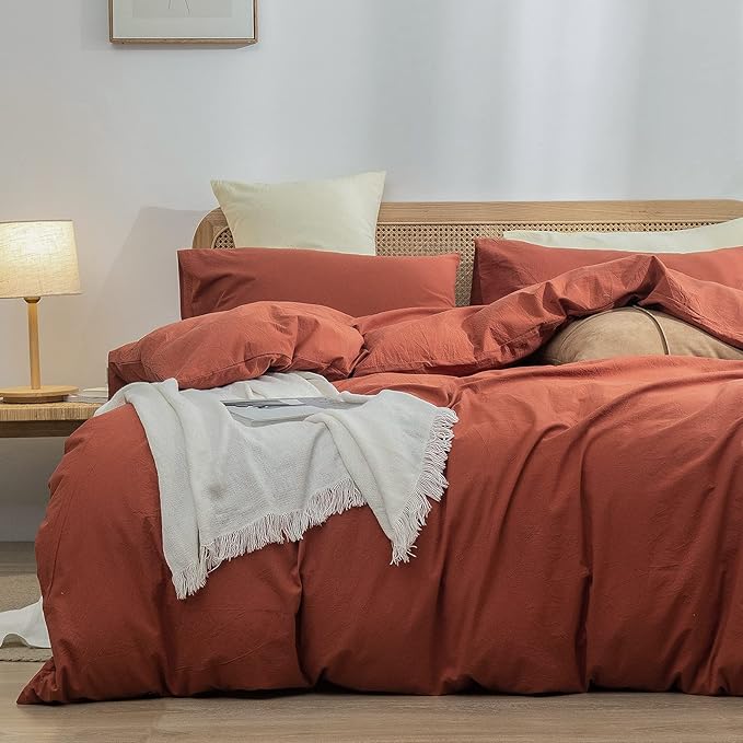 BESTOUCH Duvet Cover Set 100% Washed Cotton Linen Feel Super Soft Comfortable Chic Lightweight 3 PCs Home Bedding Set Crimson Red King